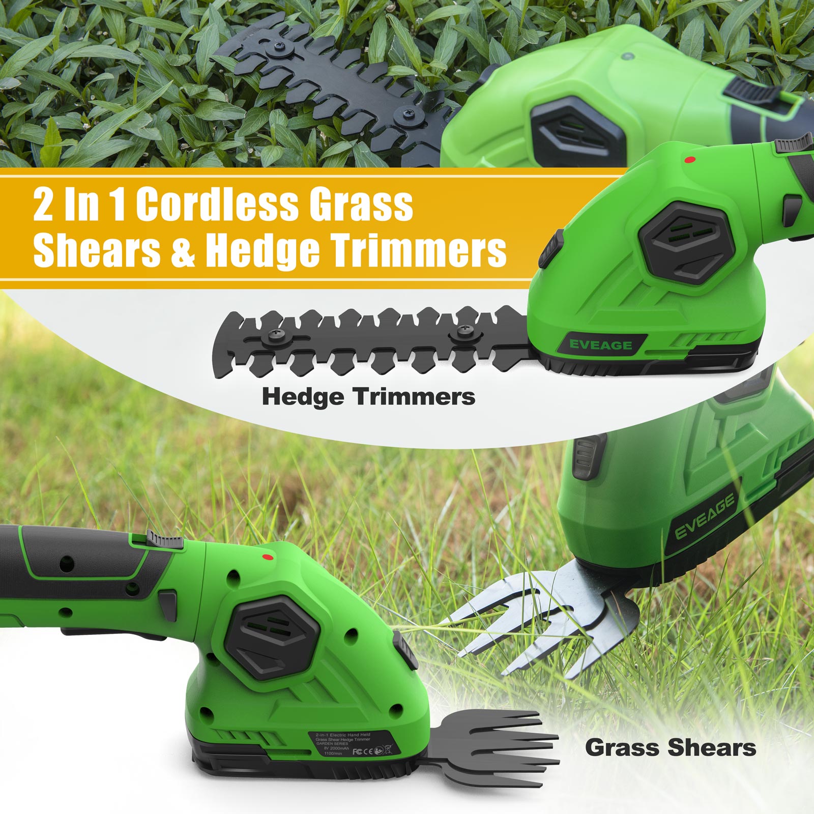 EVEAGE 12 in. Light-Duty Cordless Grass Shears Handheld Grass Hedge Shears 2 in 1 Grass Clippers Shrub Bush Trimmer for Garden