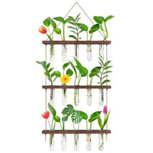 EVEAGE Wall Hanging Planter Terrarium with Wooden Stand, 3 Tiered Propagation Stations Glass Planter Test Tube Vase