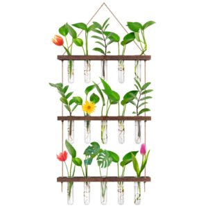 EVEAGE Wall Hanging Planter Terrarium with Wooden Stand, 3 Tiered Propagation Stations Glass Planter Test Tube Vase