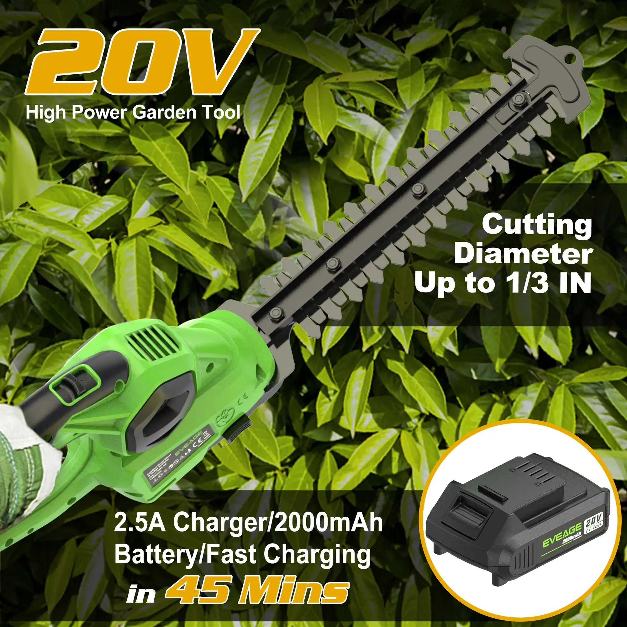 EVEAGE 20V Cordless Grass Shears, Handheld Grass Trimmer, 2 in 1 Electric Grass Clippers & Power Hedge Trimmers Cordless