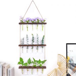 EVEAGE Wall Hanging Planter Terrarium with Wooden Stand, 3 Tiered Propagation Stations Glass Planter Test Tube Vase