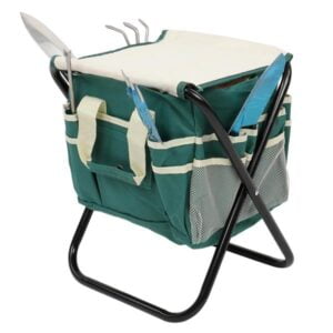 Green Garden Tool Set Tool Plastic Box Includes a foldable stool, a storage bag, and five tools
