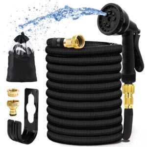 Garden Hose Pipe, Flexible Durable Magic Hose Pipe with 8 Function Spray/Hose Hanger/Storage Bag/Brass Connector, Garden Hose Reel for Car Washing Pet Bathing (50FT/Black)