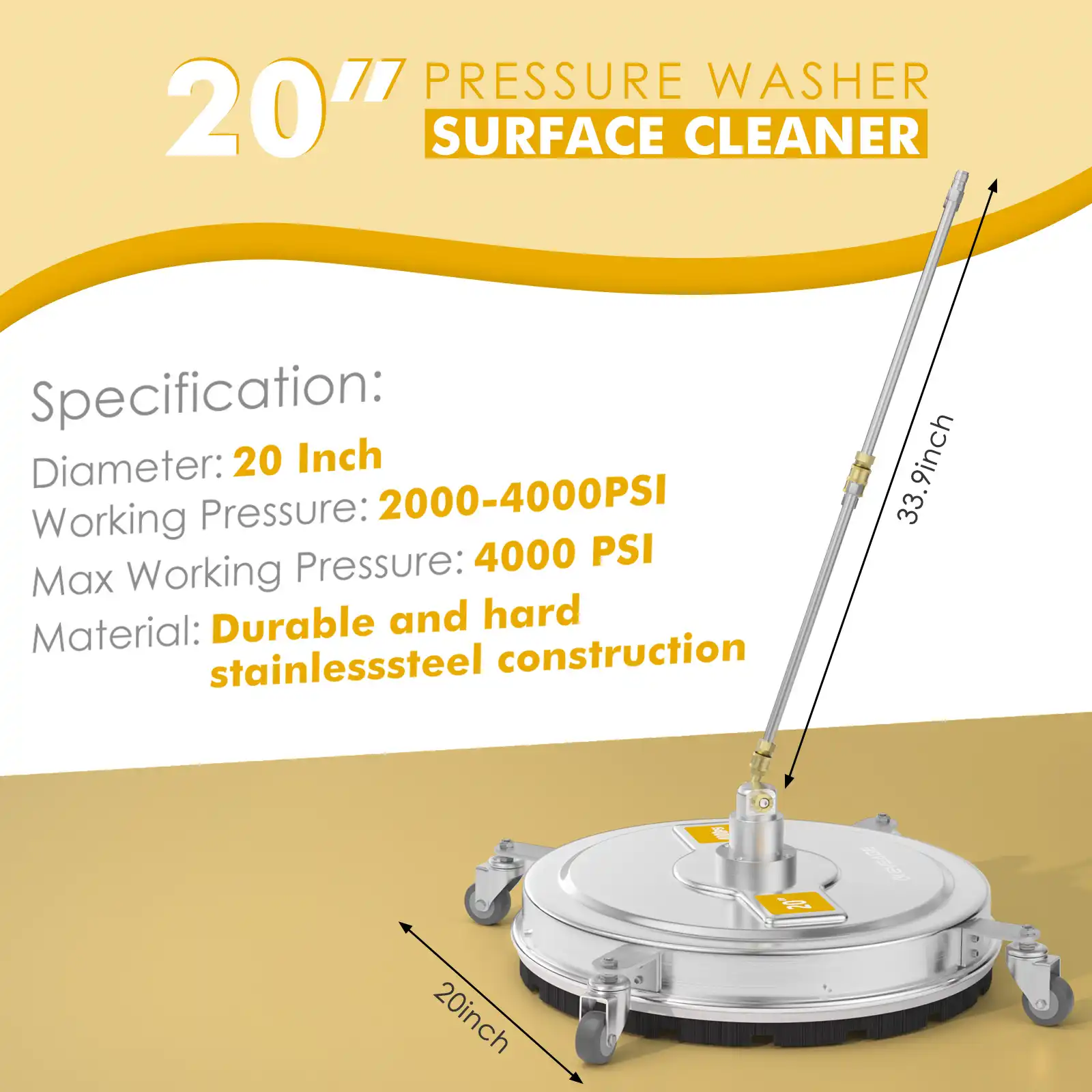 EVEAGE 20” Pressure Washer Surface Cleaner with 4 Wheels Stainless Steel Housing Power Washer Surface Cleaner