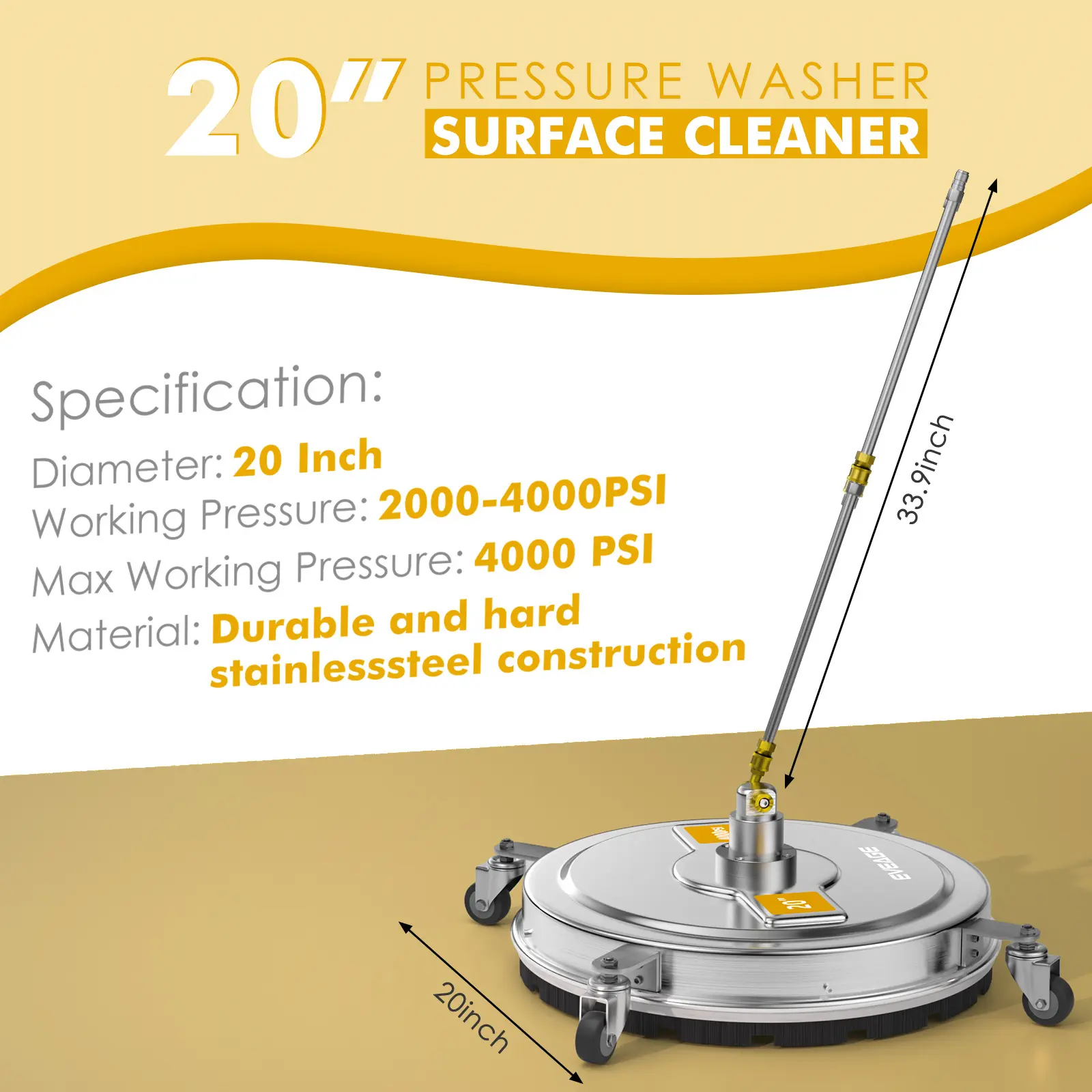 EVEAGE 20” Pressure Washer Surface Cleaner with 4 Wheels Stainless Steel Housing Power Washer Surface Cleaner