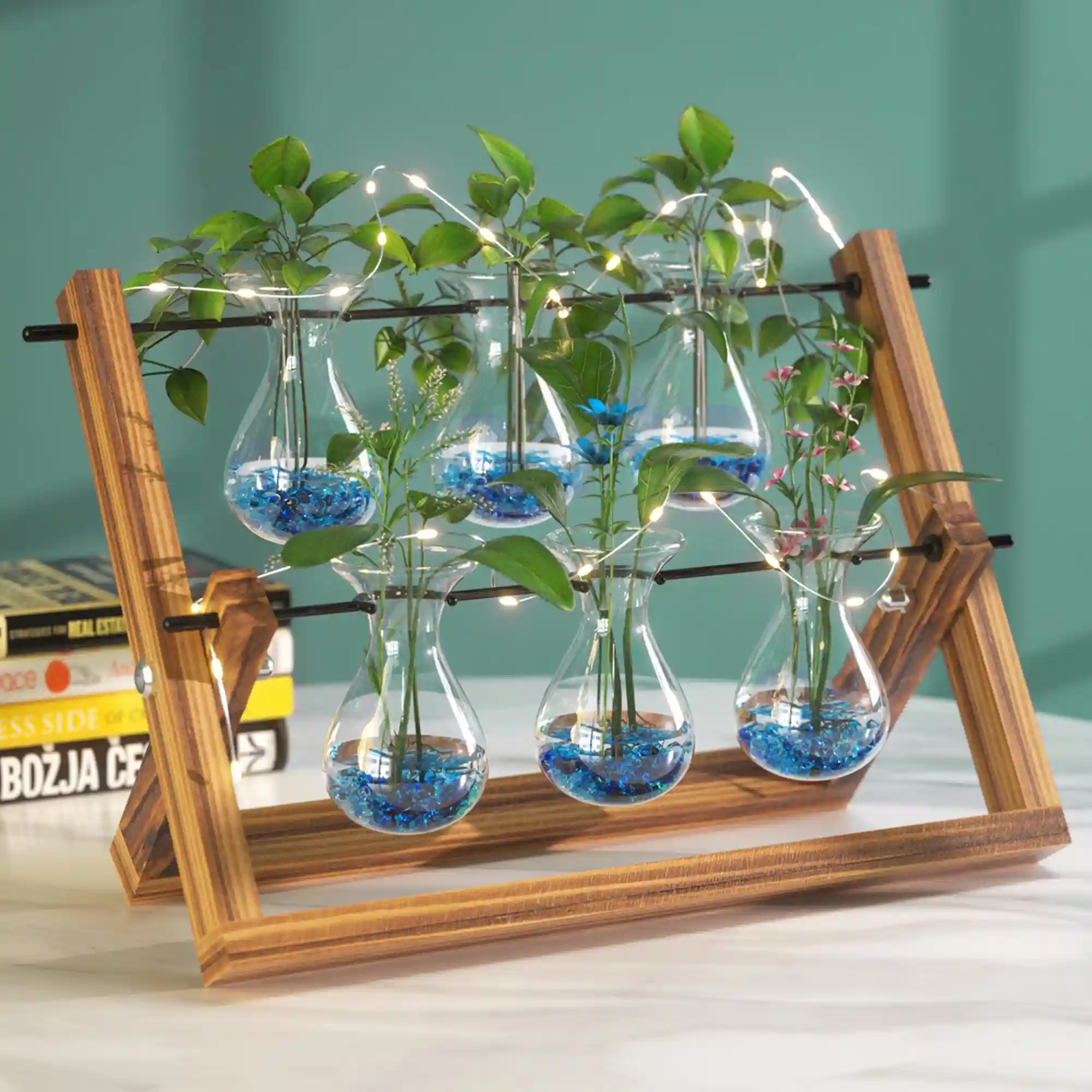 EVEAGE Propagation Stations, Plant Water Eveage Propagation Station, Propogation Planters Glass, Propagation Vase, Tabletop Plant Terrarium with Wooden Stand – New Upgraded 6 Bulb Vase
