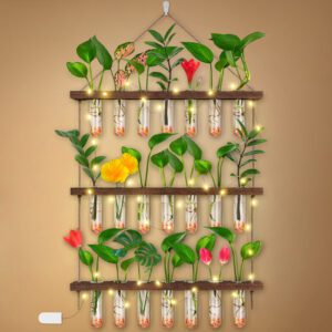 EVEAGE Propagation Station, Hanging Planter Terrarium with Wooden Stand, Retro 3 Tiered Propagation Test Tube with Fairy Lights for Hydroponic Plants Cutting Home Office Garden(22 Tubes)