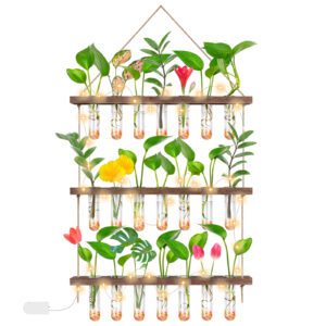 EVEAGE Propagation Station, Hanging Planter Terrarium with Wooden Stand, Retro 3 Tiered Propagation Test Tube with Fairy Lights for Hydroponic Plants Cutting Home Office Garden(22 Tubes)