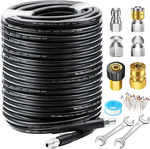 EVEAGE 150FT Sewer Jetter Kit for Pressure Washer 5800PSI Drain Cleaner Hose 1/4 Inch NPT, Corner, Rotating and Button Nose Sewer Jetting Nozzle Waterproof Tape Pearl Corsage Pin with 2Pcs Spanner