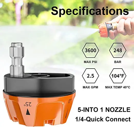 EVEAGE Adjustable Pressure Washer Nozzle Tip, 5 in 1 Quick Changeover Power Washing Nozzle with 1/4 Quick Connect, Pressure Washer Multi Nozzle Head 3600 PSI