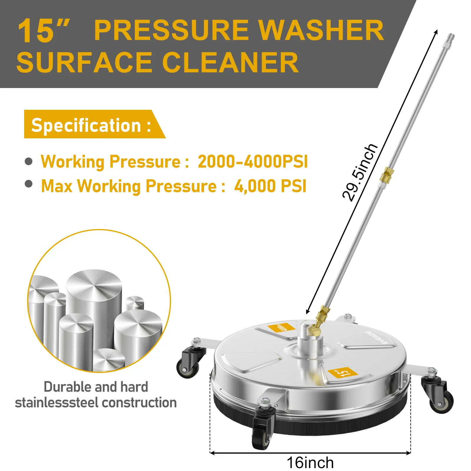EVEAGE 15″ Pressure Washer Surface Cleaner, Power Washer Surface Cleaner with 4 Wheels, Stainless Steel Housing Power Washer Accessories with 2 Extension Wand, 2 Replacement Nozzles, 4000 PSI