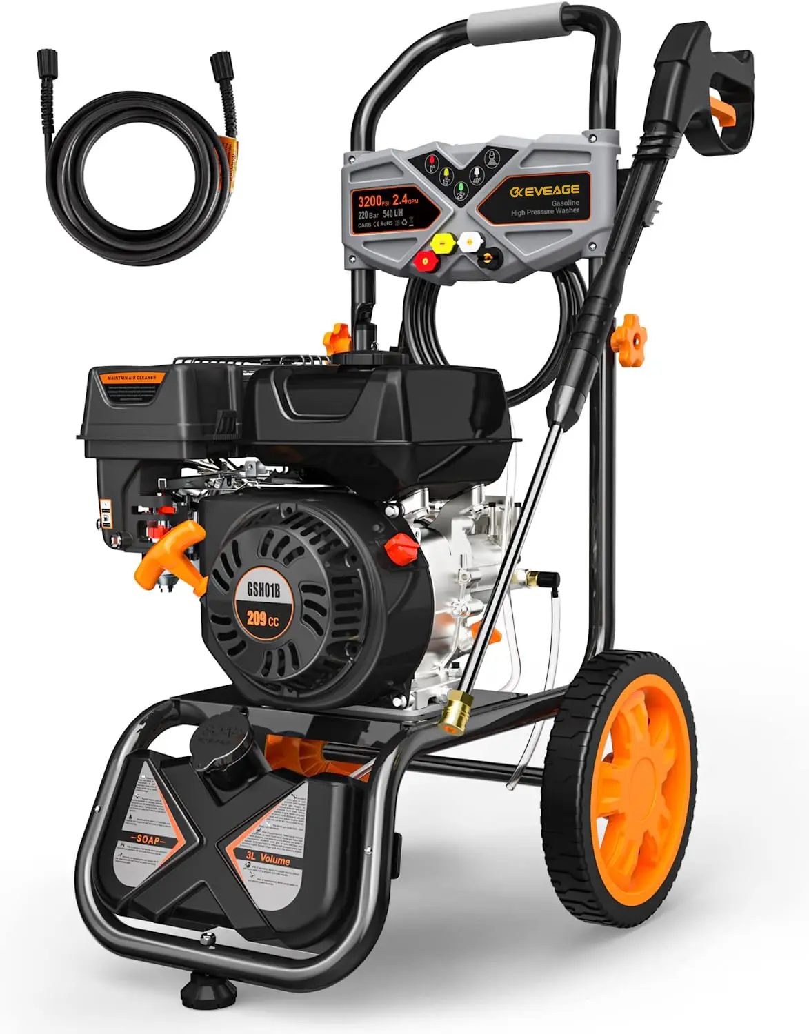 EVEAGE 3200PSI Gas Pressure Washer 6.5HP 2.4GPM with Hose, Wand, and Spray Nozzles