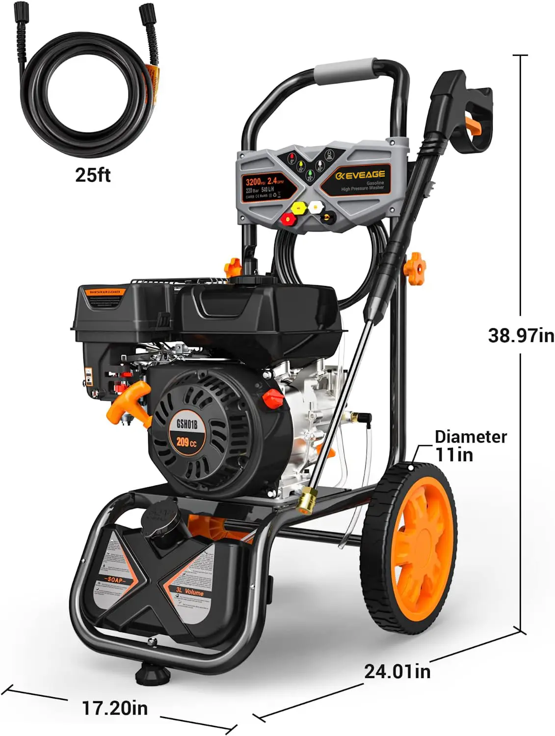 EVEAGE 3200PSI Gas Pressure Washer 6.5HP 2.4GPM with Hose, Wand, and Spray Nozzles