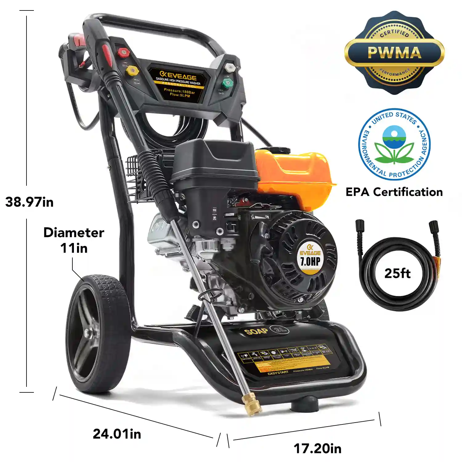 EVEAGE 3200PSI Gas Pressure Washer 6.5HP 2.4GPM with Hose, Wand, and Spray Nozzles