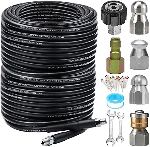 EVEAGE 200FT Sewer Jetter Kit for Pressure Washer Newest 5800PSI Drain Cleaner Hose 1/4 Inch NPT Corner, Rotating and Button Hose Sewer Jetting Nozzle Pearl Corsage Pin Waterproof Tape with 2 Spanner