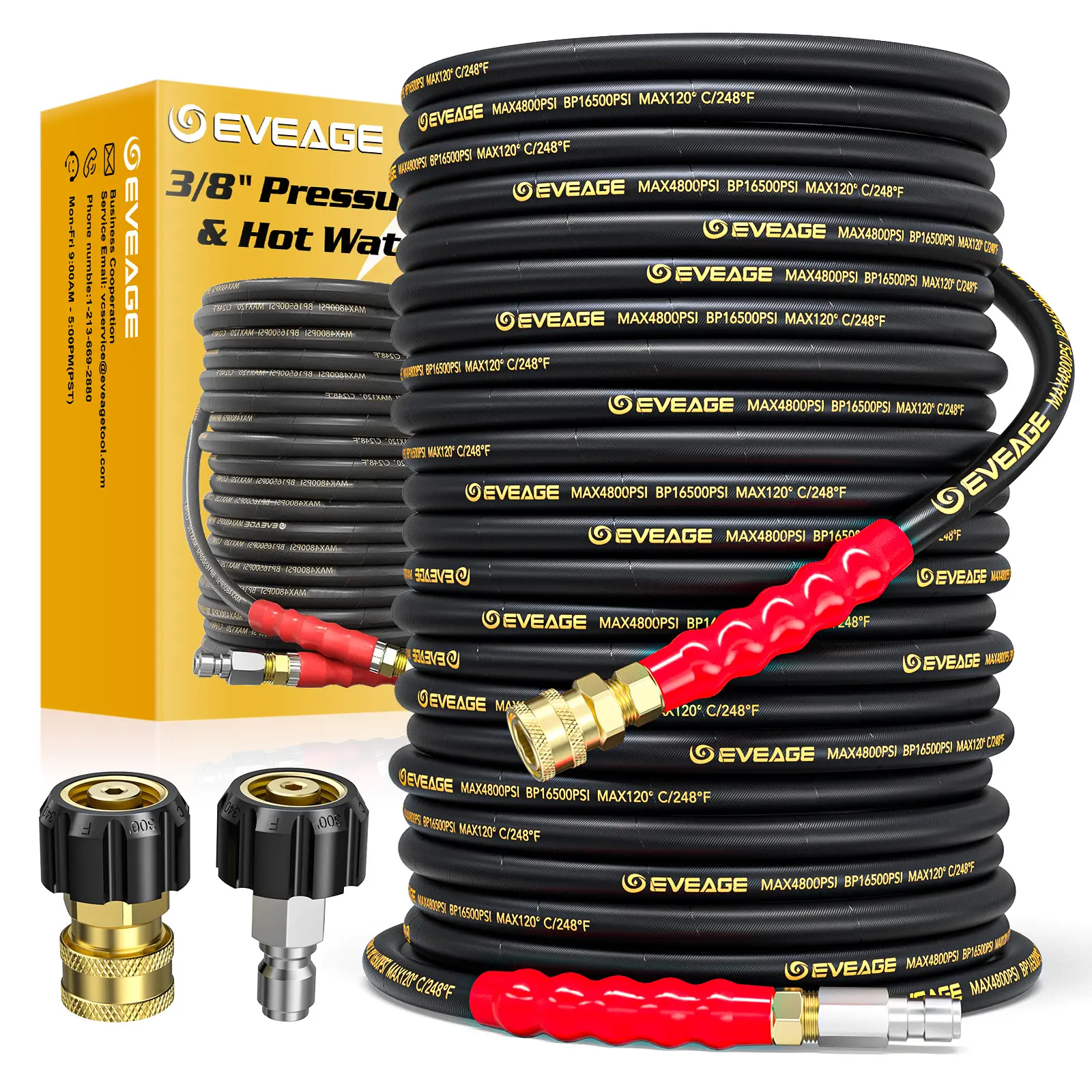 EVEAGE Pressure Washer Hose 100 ft 3/8 Inch for Cold and Hot Water 248°F End 3/8” Quick Connect, 4800psi Kink Resistant Industrial Grade Steel Wire Braided, 2pcs M22-14mm Swivel to 3/8” Adapter Kit