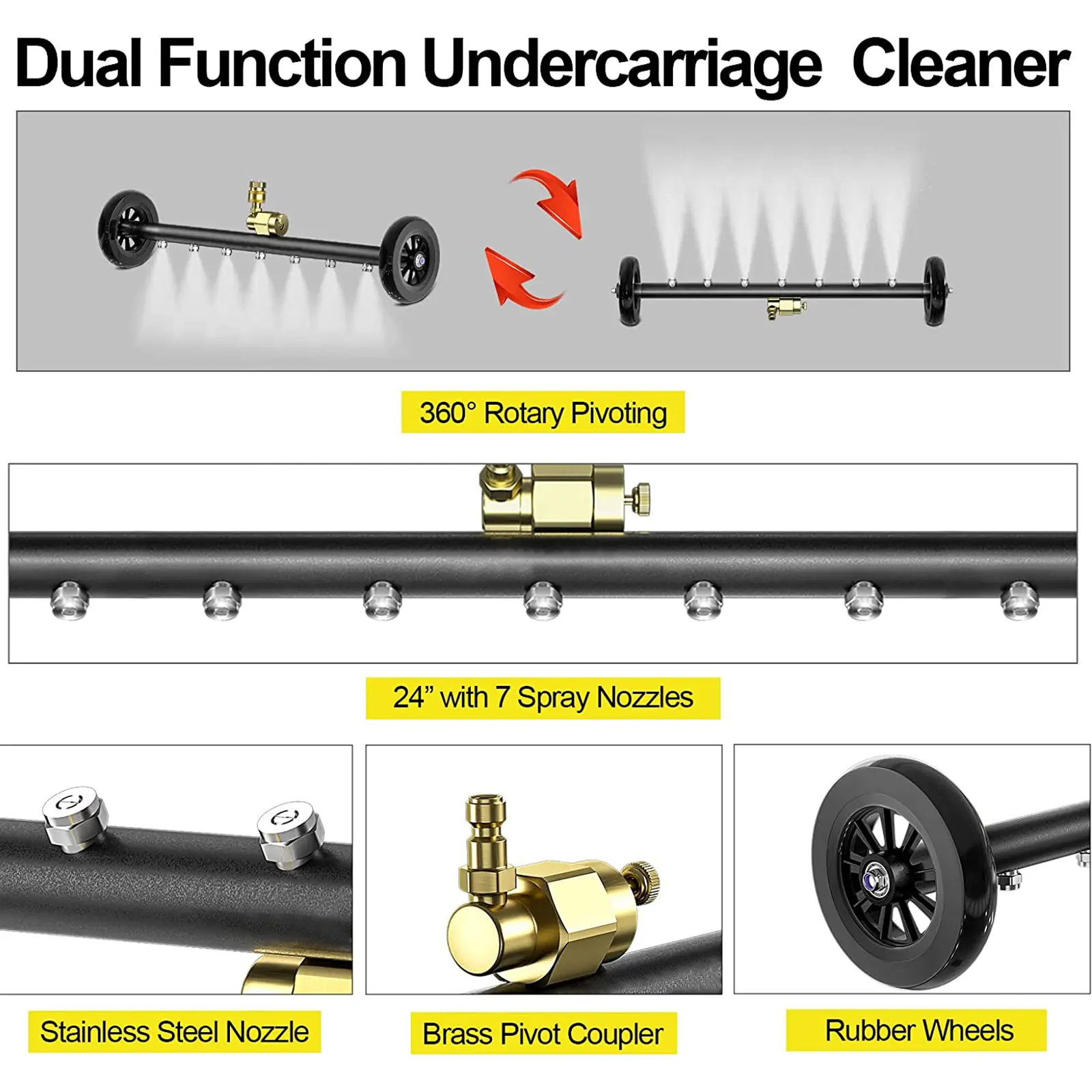 EVEAGE Undercarriage Pressure Washer Attachment Pro Max 24″, Surface Cleaner Water Broom with 3pcs Extension Wand and Quick Connect Pivot Coupler 4000psi, 2 in 1 Underbody Car Washer