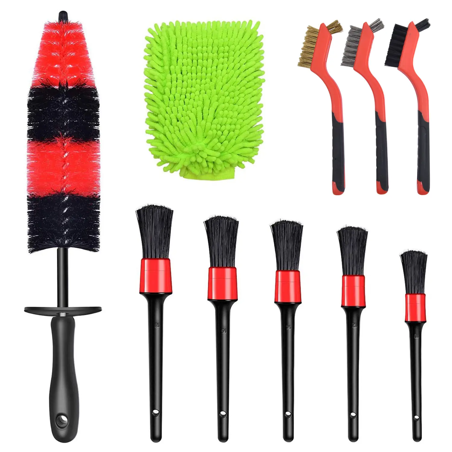 EVEAGE 10Pcs Detailing Brush Set  for Cleaning Wheels Interior Cleaning Kit Including 5Pcs Premium Detail Brushes, 3Pcs Wire Brush, 1Pcs Wash Mitt 1Pcs Long Soft Wheel Brush for Cleaning Interior Wheel