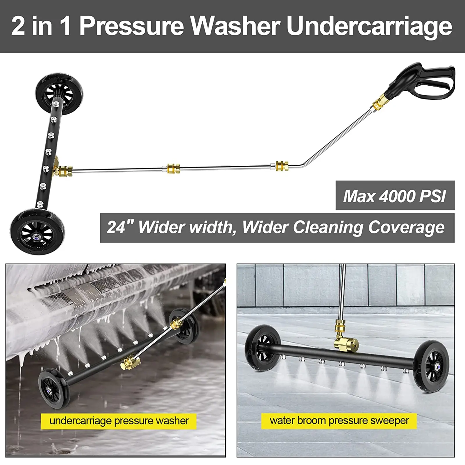 Carevas 2 in 1 Pressure Washer Attachment Undercarriage Cleaner Water Broom  Surface Cleaner with 4 Nozzles 2 Extension Rods (Straight & 45 Degrees