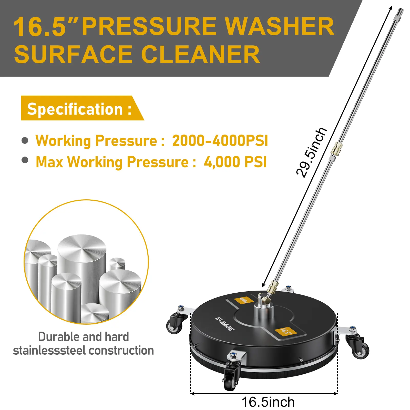 6 Nozzles Undercarriage Pressure Washer Water Broom 13” Power Washer  Cleaner for Sidewalk, Driveway, Deck, Patio, 4000PSI