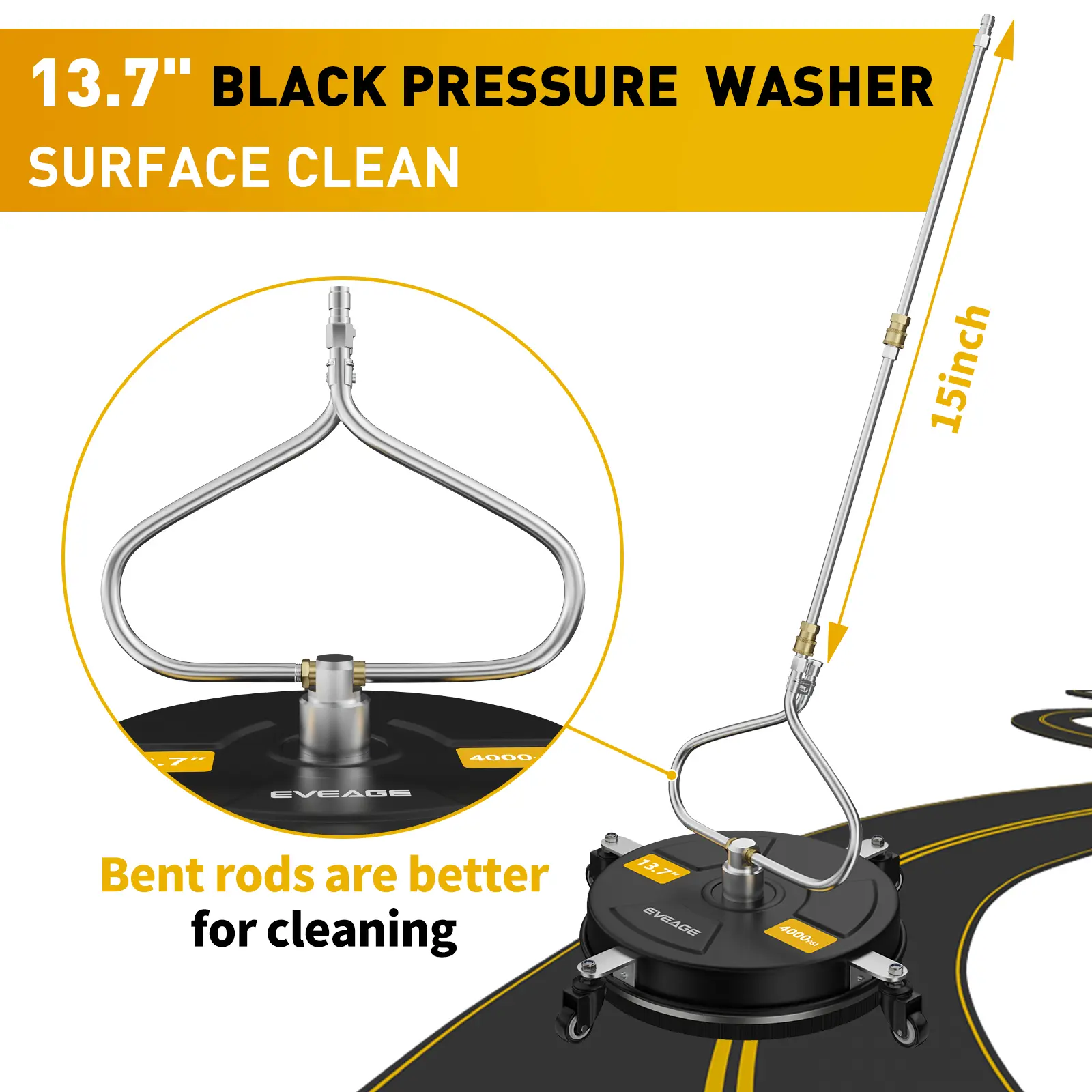 EVEAGE 13.7” Pressure Washer Surface Cleaner black With Wheels