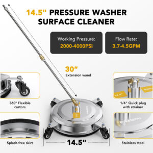 EVEAGEPRO 14.5″ Pressure Washer Surface Cleaner E006, Upgraded Stainless Steel Pressure Washer Accessories 4 Weels & 1/4″ Quick Connector, 4,000 PSI Power Washer