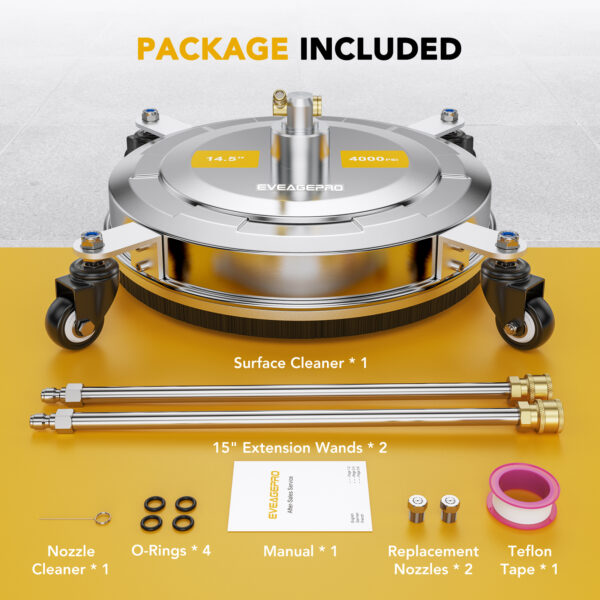 EVEAGEPRO 14.5" Pressure Washer Surface Cleaner E006, Upgraded Stainless Steel Pressure Washer Accessories 4 Weels & 1/4" Quick Connector, 4,000 PSI Power Washer - Image 6